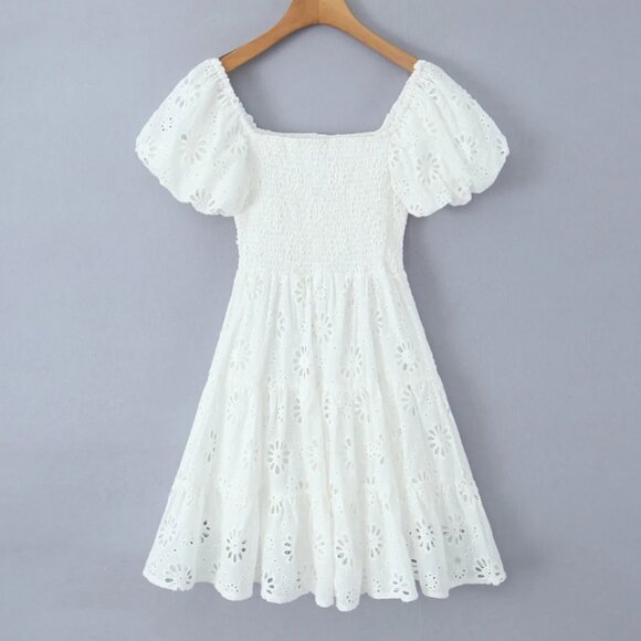Women White Embroidery Hollow Out Hole Flower Short Puff Sleeve Mini Dress - Picture 3 of 16
